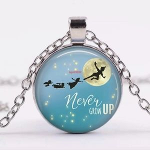 New Peter Pan Never Grow Up! Silver Glass Cabochon Necklace.